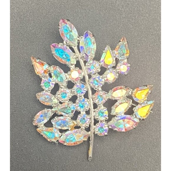 B David Jewelry - Vtg B David Brooch Silver Tone Brilliant Aurora Borealis Figural Leaf Signed